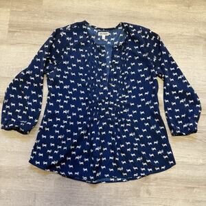 Oat & Fawn Women's Med NAVY w/ Pug Dog Print 3/4 Sleeve 1/2 Button Blouse Top